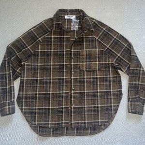 Women’s Double Zero Brown Navy Plaid Flannel Shirt Jacket Oversized Shacket Sz S